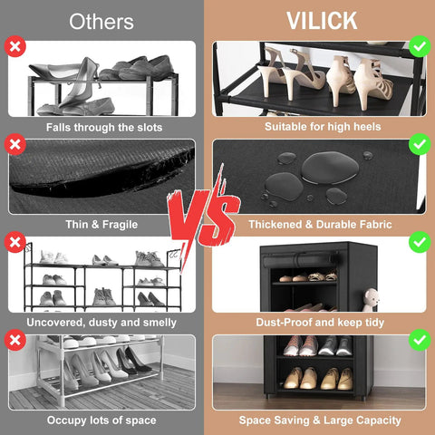 Comparison of Tall 10 Tier Shoe Rack With Cover Narrow Free Standing Closet Organizer vs other racks, highlighting durability and capacity.