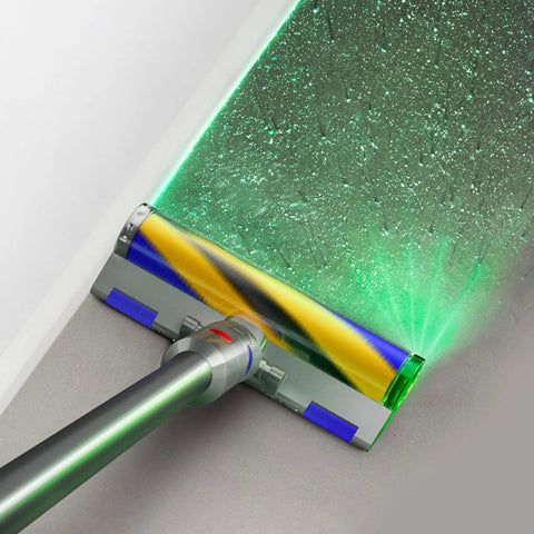V12 Detect Slim Absolute Cordless Vacuum Cleaner with High Suction Power cleaning hard floor, showing dirt detection with green light