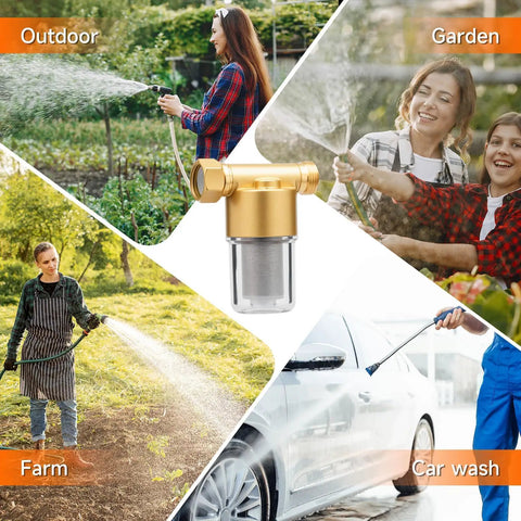 40 Micron Brass Sediment Filter for washing machines, showers, gardens; reusable filter shown in outdoor and garden use