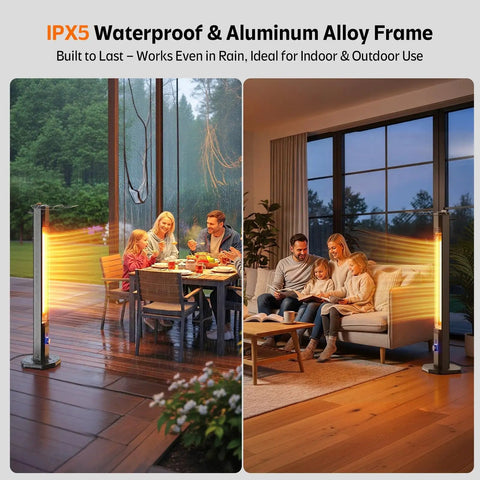 Infrared 1500W Outdoor Patio Heater Tower 42 Inch Tall With 9 Heat Settings And 9H Timer IPX5 Waterproof outside on patio