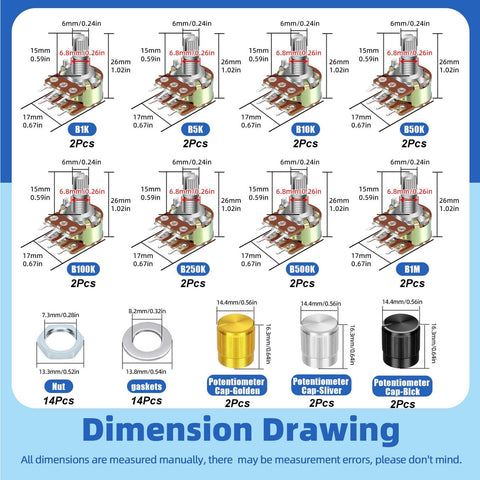 Dimension drawing of WH148 Dual Linear Rotary Taper Potentiometer Kit With Knobs 50 Pcs Including 1K 5K 10K 50K 100K 250K 500K 1M Ohm