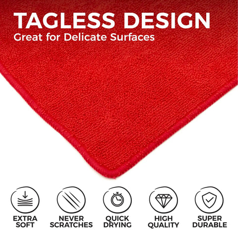 Close-up of red microfiber towel showcasing tagless design with icons for softness, scratch resistance, quick drying, quality, durability.