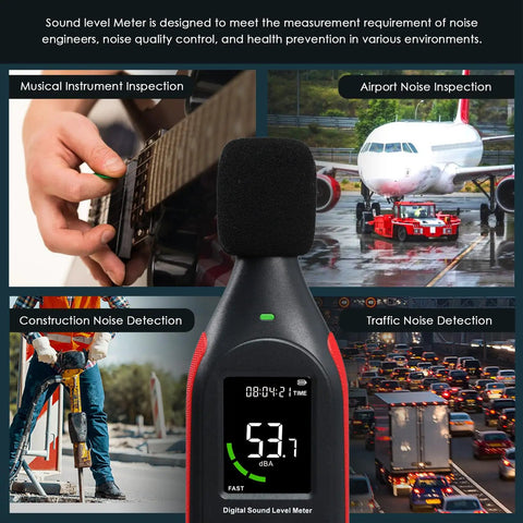 Portable Decibel Meter Data Logger With USB Export, Graph Printing, And A Weighted Sound Level Monitoring For Noise Control At Home Or Work, Fast Slow Response, Max Hold, 3 Color Alarm, Ideal For Noisy Neighbor And Factory Noise. Portable digital sound level meter for guitar, airport, construction, and traffic noise