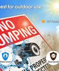 Large No Dumping Sign Keep Off My Patch Property Protected By Video Surveillance Reflective Aluminum Plate Waterproof And Weatherproof For Porch Or Lot Two Pack, showing UV protected design.
