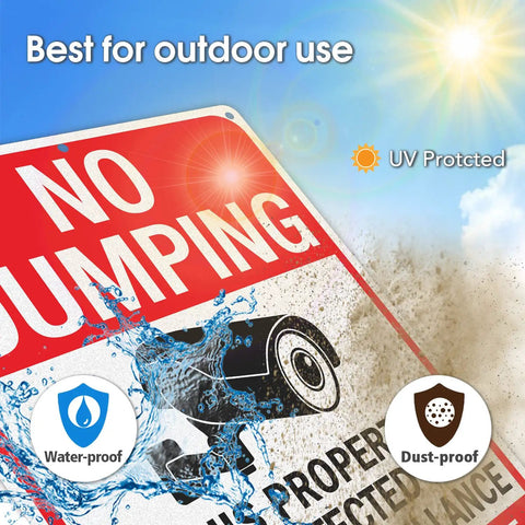 Large No Dumping Sign Keep Off My Patch Property Protected By Video Surveillance Reflective Aluminum Plate Waterproof And Weatherproof For Porch Or Lot Two Pack, showing UV protected design.