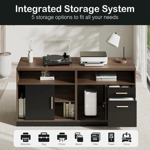 Extra Large Electric Standing Desk 114 Inch Wide With Two Spacious File Cabinets Hassle Free Height Adjustment Built In Ac Outlet And Rapid Usb Charging Smooth Glide Mechanism Boss Level Workspace with integrated storage options.