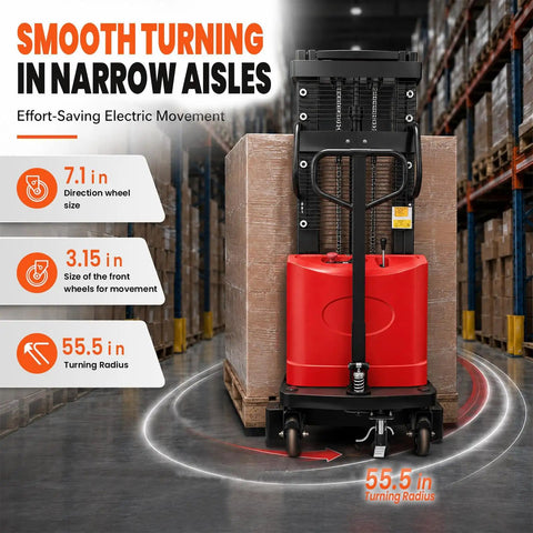 Full Electric Pallet Stacker Boasting 94 Inch Lifting Height For Busy Warehouses With 1.6 KW Motor And 3500 Lb Heavy Duty Capacity to move loads in narrow aisles.