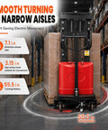 Heavy Duty 3550 Lbs Electric Pallet Stacker With 94 Inch Lift Height And Powerful Motor showcasing direction wheel size and turning radius.