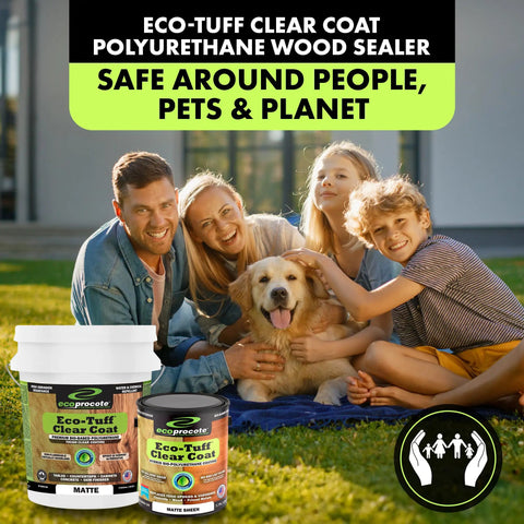 Premium Water Base Polyurethane Clear Coating In A Clean Matte Look For Indoor Wood Floors Counters And Concrete Offers Hella Tough Non Yellowing Protection Comes Packed In A Ready Pour Five Gallon Tub Perfect For Fast Home Revamps with family and dog in sunlight.