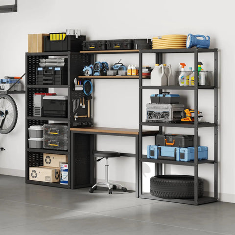Modular Garage Storage System With Workbench And Pegboard Shelving, 117-Inch Heavy-Duty Steel Organizer with tools and storage boxes.