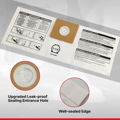 Product manual and features for Disposable Vacuum Filter Bags For 1 To 1.5 Gallon Tanks, Dry Pick Up Only, White, 3 Pack, No Fuss Install.