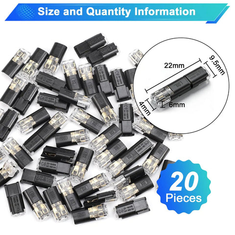 Double Wire Plug In Connectors Pack Of 20 For Low Voltage DC Projects 22-18 AWG Wire, shown with size details and quantity