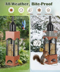 Squirrel Proof Outdoor Bird Feeders With 5 Pound Capacity Metal Tube Design showing garden and snow scenes with birds and squirrel