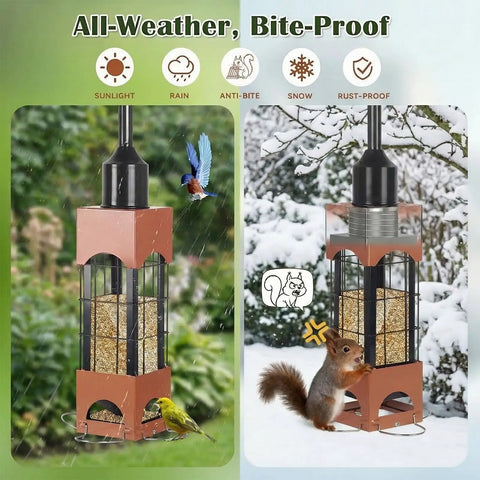 Squirrel Proof Outdoor Bird Feeders With 5 Pound Capacity Metal Tube Design showing garden and snow scenes with birds and squirrel