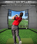 Golfer hitting ball into Backyard Golf Practice Net 11x8 Feet With Impact Screen, simulator display, home setup, green turf