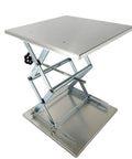 Lab Workhorse Jack Lift Scissor Table in stainless steel with 12x12 platform, adjustable height up to 18 inches, 55 pound load capacity.