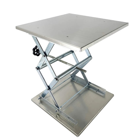 Lab Workhorse Jack Lift Scissor Table in stainless steel with 12x12 platform, adjustable height up to 18 inches, 55 pound load capacity.