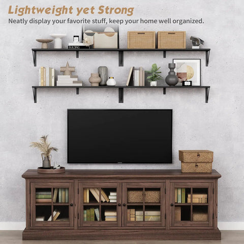 Legit Heavy Duty Floating Wall Shelves Set of Three, Slick 36 Inch by 8 Inch Black Bookshelf for Bedroom Living Room Office displayed with decor.