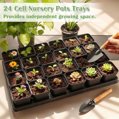 Heavy Duty Reusable Nursery Pot Tray Set Workhorse 5 Pack 24 Cell Seed Starter Trays For 2.8 Inch Pots with plants