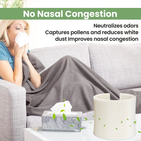 Woman sneezing on couch with Go To Replacement Humidifier Filter 2 Pack For AIRCARE MA0800 And Kenmore 15408 Series Humidifiers