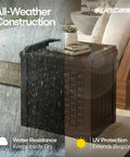 Java Resin 22 Gallon Outdoor Deck Box Weatherproof Storage Bin For Cushions Tools Towels And Pool Gear in rain showing durability