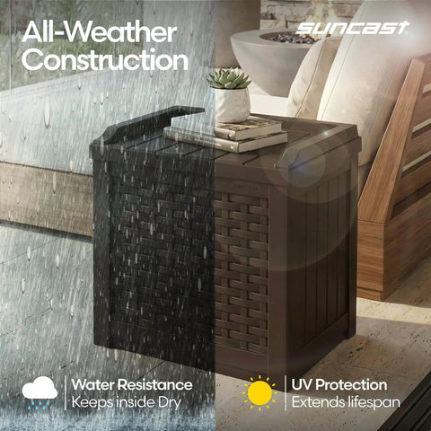 Java Resin 22 Gallon Outdoor Deck Box Weatherproof Storage Bin For Cushions Tools Towels And Pool Gear in rain showing durability