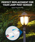 Outdoor post light with dusk to dawn sensor switch for auto on off photoelectric control, installed on pole, at night