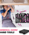 Pink 125 Piece Household Tool Set For Women Portable Tool Kit with various tools displayed next to a person working under a sink.
