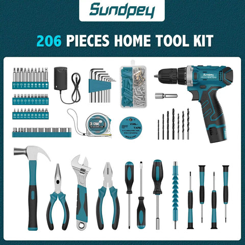 206-Piece Cordless Drill And Tool Kit With LED Light, 12V Battery Powered Home Repair Set, showing drill, bits, and pliers.