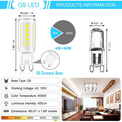 G9 LED Light Bulb Bi Pin Base 6000K Daylight, 4W Low Power Yet Bright 360 Degree Beam, 400 Lumens, Non Dimmable details