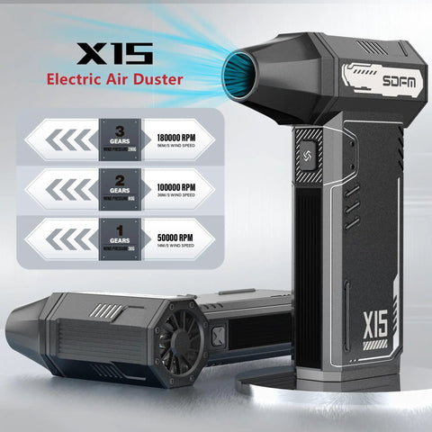 Cordless Air Duster Turbo Power 180,000 RPM with brushless motor, X15 design, showcasing 3 gear speeds for electronics cleaning.