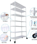 Seven Tier Heavy Duty Wire Shelving Unit With Wheels Adjustable Metal Rolling Rack For Garage Kitchen Pantry features adjustable shelves and easy-clean surface.