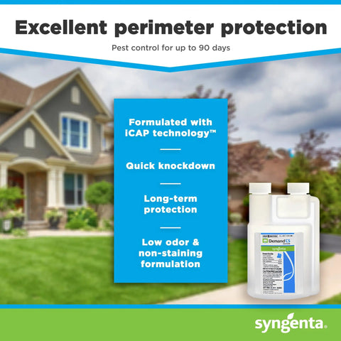 Demand CS Insecticide Concentrate Water Based Indoor And Outdoor Pest Control For Spiders Ants Flies Wasps Fleas Ticks And Bed Bugs 8 Oz Bottle Makes 8 To 40 Gallons, with house background.