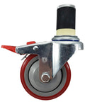Heavy Duty Four Inch Caster Wheels With Quick Click Total Locking Brakes Fitting One Point Five Inch Id Leg Pipe For Smooth Rolling Nsf Certified Kitchen Prep Table Boost close-up of swivel caster with red brake.