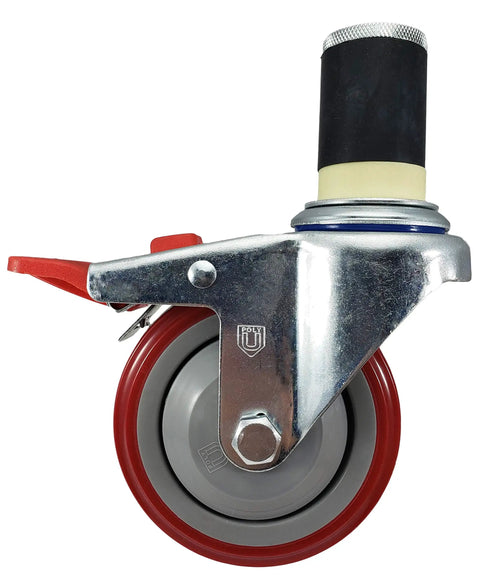 Heavy Duty Four Inch Caster Wheels With Quick Click Total Locking Brakes Fitting One Point Five Inch Id Leg Pipe For Smooth Rolling Nsf Certified Kitchen Prep Table Boost close-up of swivel caster with red brake.