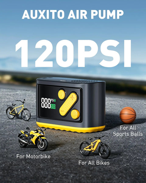 Mini Bike Pump With Gauge Auto Stop 120 Psi Portable Hand Pump For Mountain And Road Bikes Presta Schrader Valves Fast 20s Inflation Tiny Pocket Tire Inflator On The Go For Bicycles And Balls, shown with toy bikes and ball on a road.
