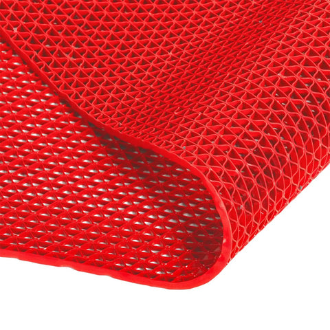 Close-up of rolled Commercial Drainage Floor Mat 3 ft by 16 ft Non Slip Heavy Duty Wet Area Mat for Indoor Outdoor Use, red PVC mesh design.