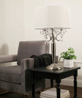 Crystal Silver Table Lamp With E12 Socket And On Off Switch UL Listed 16 By 16 By 30 Inches on a black nightstand in living room
