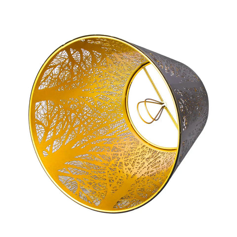 Double Pack Clip On Lampshades For Candelabra Bulbs, Barrel Metal Lampshade With Tree Pattern In Black And Gold, Fits B10