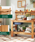 Solid Fir Wood Outdoor Potting Bench With Large Tabletop Heavy Duty Garden Workstation, multi level storage, in patio setting.