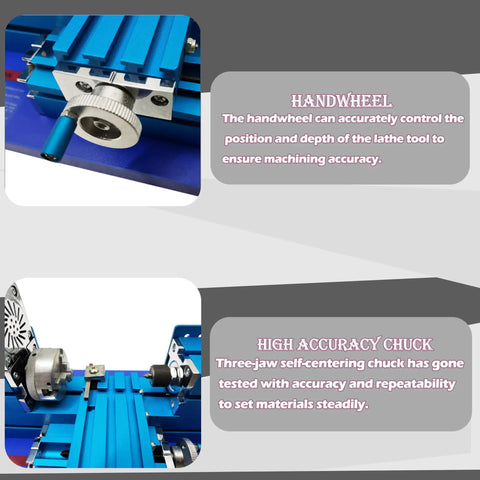 Jaryannix Mini Metal Lathe Benchtop 36W for Woodworking and DIY Projects 20000rpm showing handwheel and high accuracy chuck details.