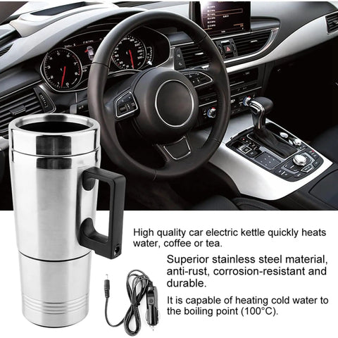 12V Car Electric Kettle Rock Solid Fast Heating Fits Standard Cup Holders Food Grade Stainless Steel in car interior