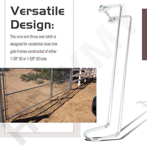 Wire Arm Throw Over Gate Latch For Chain Link Fences, Durable Residential Gate Hardware, Fits 1 And 1 Eighth Inch Or 1 And 3 Eighth Inch Tube Frames, Silver Finish, 13.5 Inches Long, Easy Install, Versatile Gate Accessory.