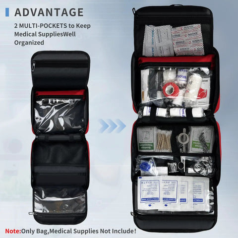 Compact First Aid Organizer Bag With Multiple Compartments For Travel Camping Hiking Car Home Use Red Emergency Medical Kit With Quick Access Transparent Pockets And Easy Grab Handle