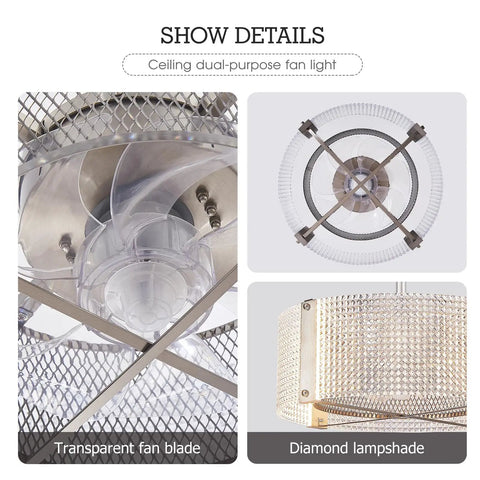 Dimmable Crystal Ceiling Fan With Remote Light Fandelier Chandelier Style Modern Ceiling Fan Light Combo showing transparent blade and diamond lampshade details.
