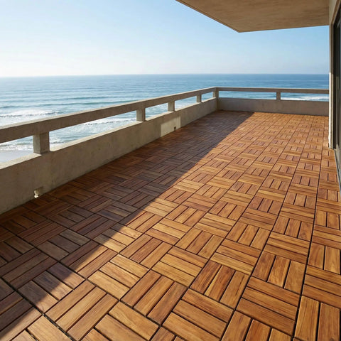 Balcony with Teak Wood Interlocking Floor Tiles EZ Floor 12x12 Inch Pack Of 10 Solid Brown Indoor Outdoor DIY Installation