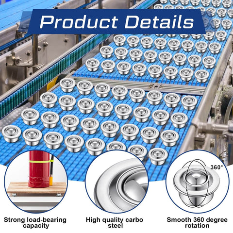 80-Piece Five-Eighth Inch Roller Ball Transfer Bearings In Carbon Steel, 360 Degree Rotation for Conveyors