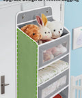 Heavy Duty Over The Door Storage Organizer With Five Tier Shelves For Bedroom Pantry Bathroom Rock Solid Swing Proof Design showing toys and fabric storage in grey.