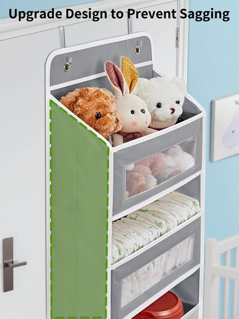 Heavy Duty Over The Door Storage Organizer With Five Tier Shelves For Bedroom Pantry Bathroom Rock Solid Swing Proof Design showing toys and fabric storage in grey.