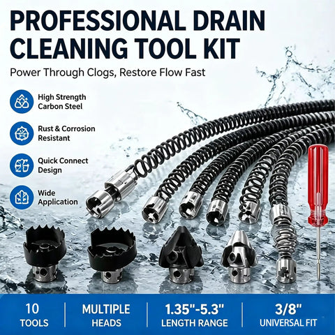 Professional Drain Cleaning Tool Kit featuring 10 tools, carbon steel cables, multiple heads for K400 C4 C6 C7 C8 C9 machines.